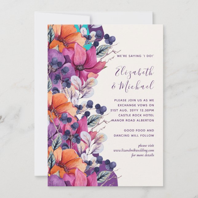 5x7 Purple Orange Floral Wedding Invite (Front)