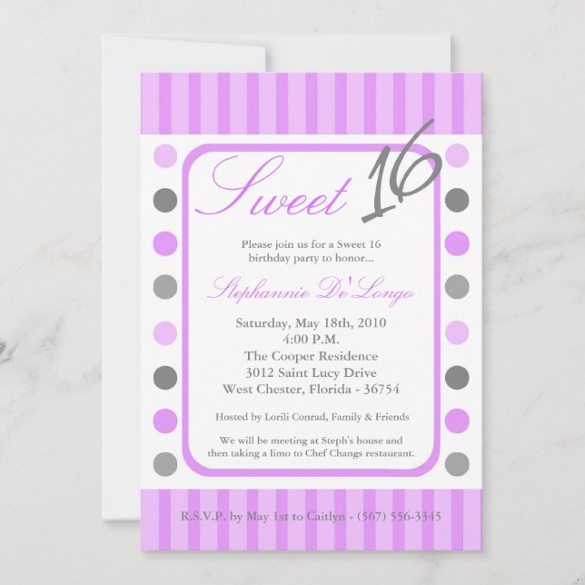 5x7 Purple Polka Dot Sweet 16 Birthday Invitation (Front)
