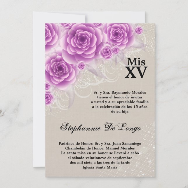5x7 Purple Roses Quinceanera Birthday Invitation (Front)