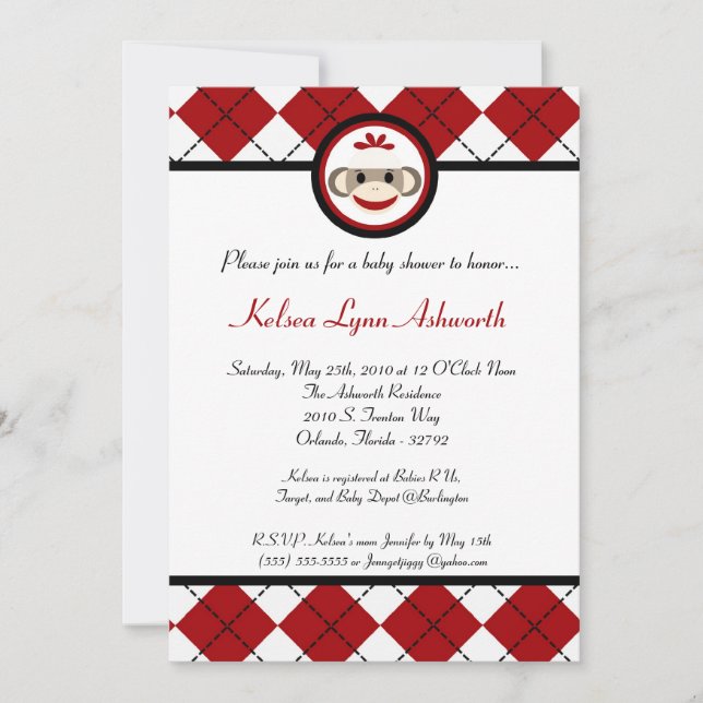 5x7 Red Arg Sock Monkey Toy Baby Shower Invitation (Front)