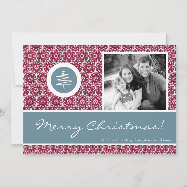 5x7 Red Blue Christmas Tree PHOTO Christmas Card (Front)