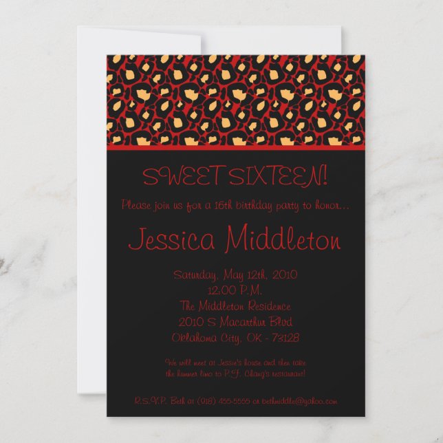 5x7 Red Cheetah Print 16th Birthday Invitation (Front)