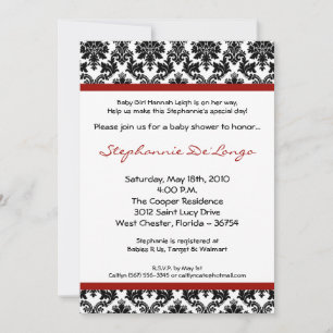 5x7 Red Crimso Black Damask Baby Shower Invitation