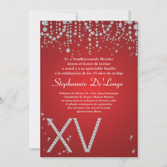 5x7 Red Diamond Quinceanera Birthday Invitation (Front)