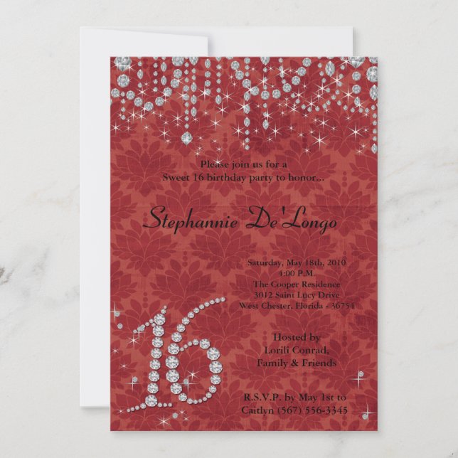 5x7 Red Diamond Sweet 16 Birthday Invitation (Front)