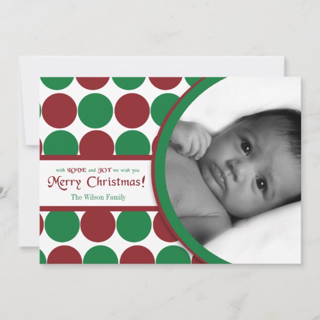 5x7 Red Green Polkadot Poka PHOTO Christmas Card (Front)