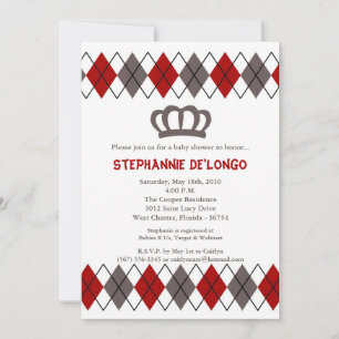 5x7 Red Grey Argyle Crown Baby Shower Invitation