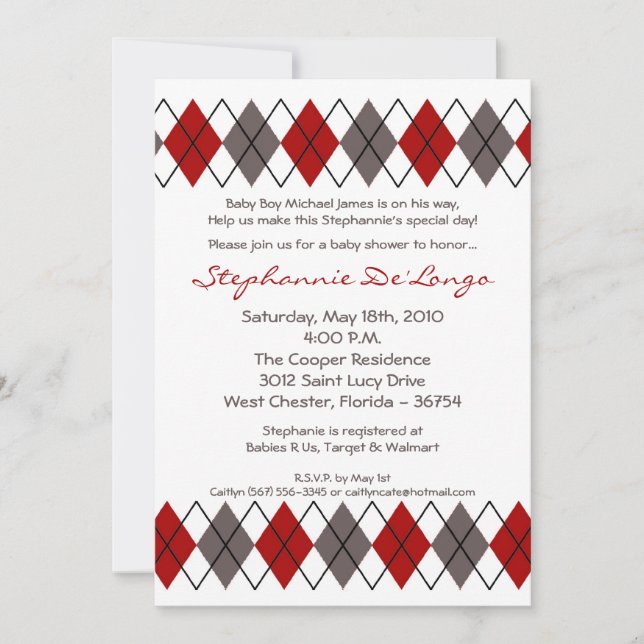 5x7 Red Grey Argyle Punk Baby Shower Invitation (Front)