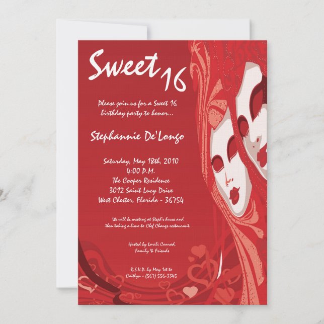 5x7 Red Masquerade Sweet 16 Birthday Invitation (Front)