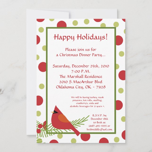 5x7 Red Robin Holly Christmas Party Invitation (Front)