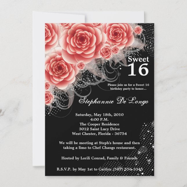 5x7 Red Roses Floral Sweet 16 Birthday Invitation (Front)