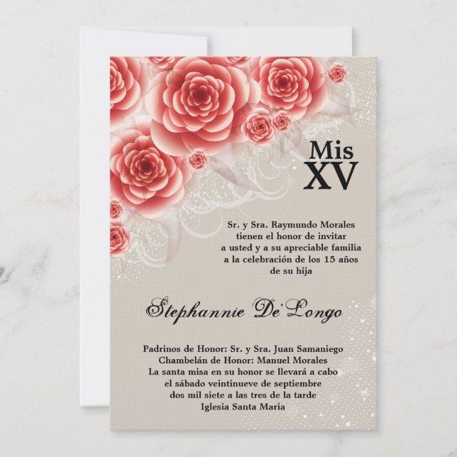 5x7 Red Roses Quinceanera Birthday Invitation (Front)