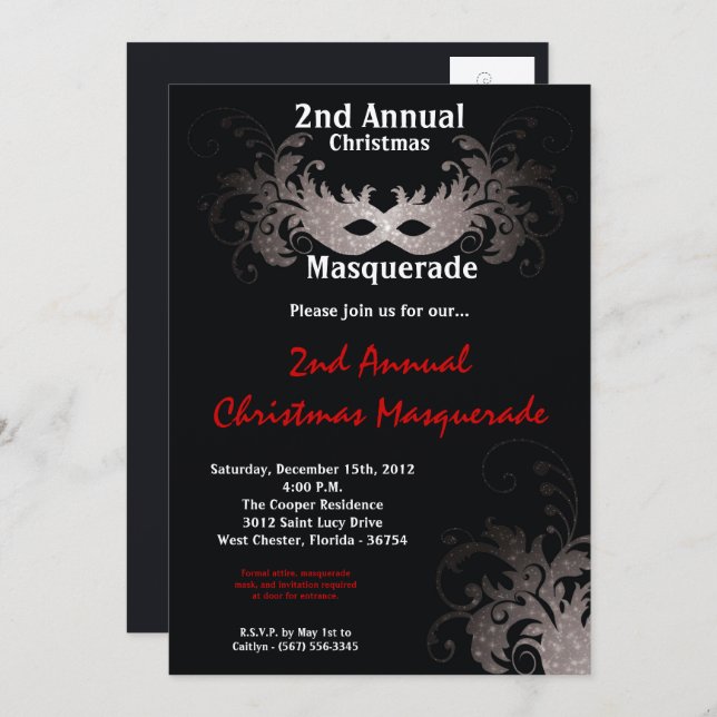 5x7 Red Silver Masquerade Christmas Invitation (Front/Back)