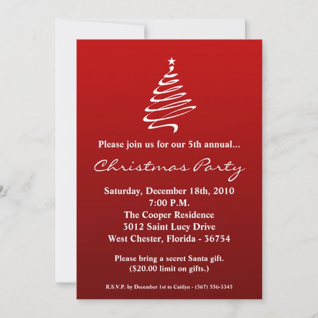 5x7 Red White XMAS Tree Christmas Party Invitation (Front)