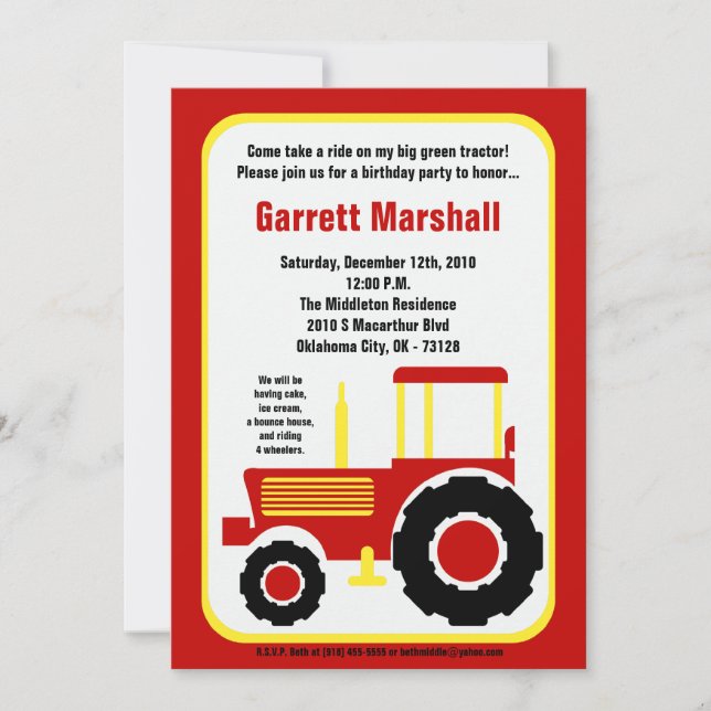 5x7 Red Yellow Farm Tractor Birthday Invitation (Front)