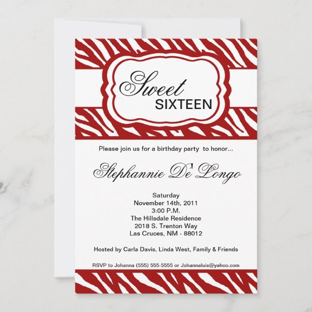 5x7 Red Zebra Print Birthday Party Invitation (Front)