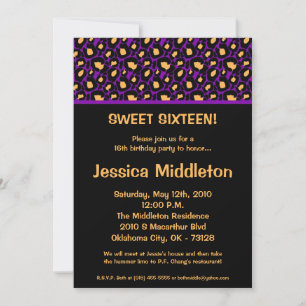 5x7 Royal Purple Cheetah 16th Birthday Invitation