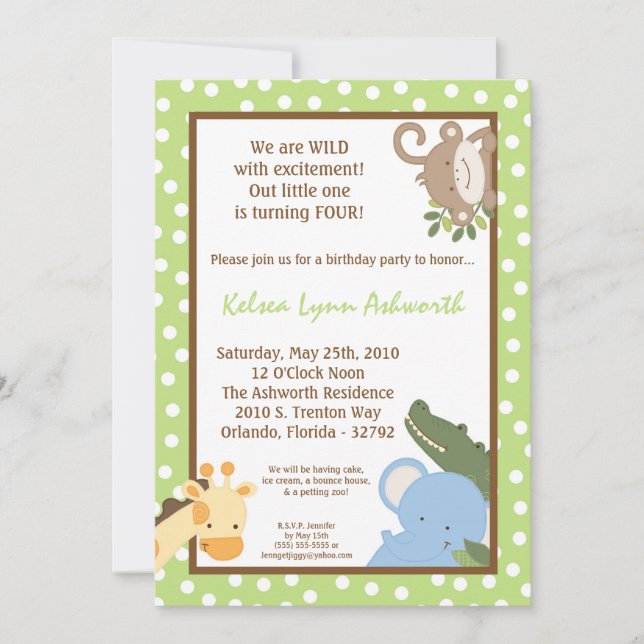 5x7 Safari Jungle ZooAnimal Birthday Invitation (Front)