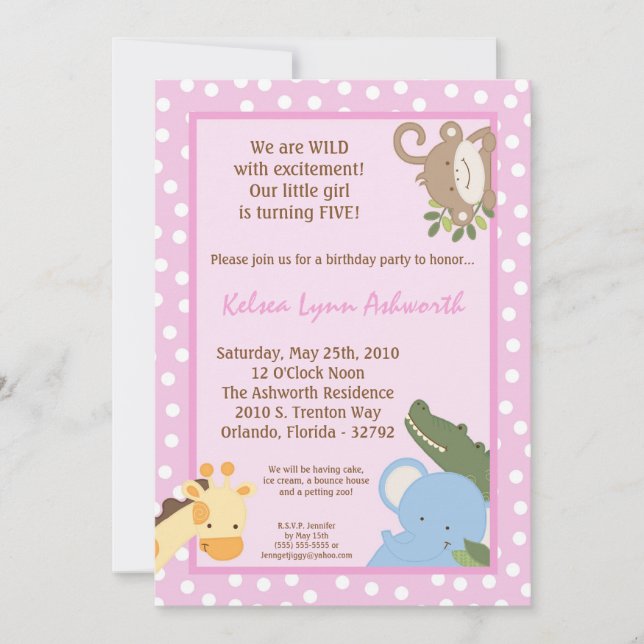 5x7 Safari Jungle ZooAnimal Birthday Invitation (Front)