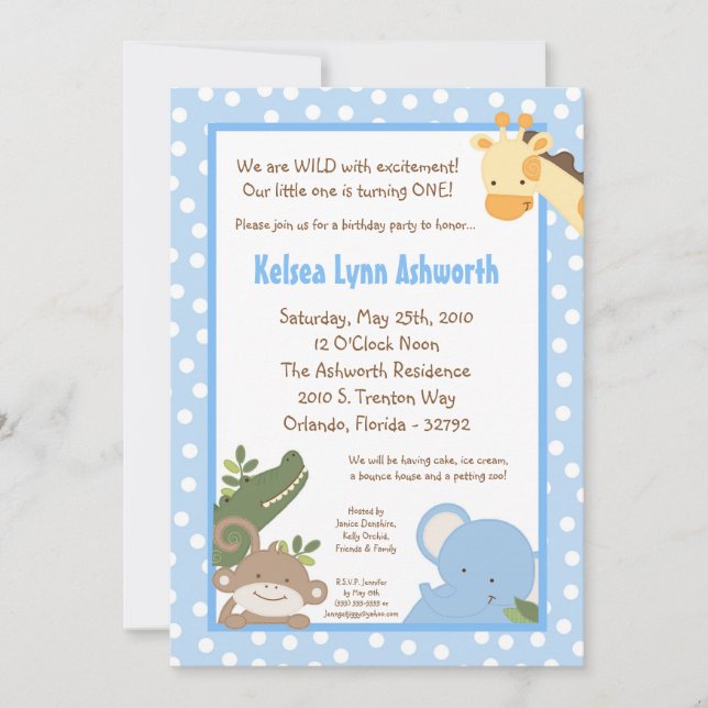 5x7 Safari Jungle ZooAnimal Birthday Invitation (Front)