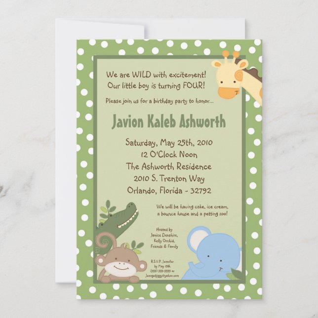 5x7 Safari Jungle ZooAnimal Birthday Invitation (Front)