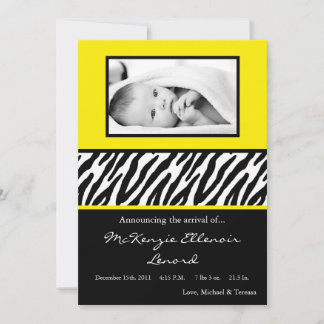 5x7 Sassy Yellow Zebra PHOTO Birth Announcement