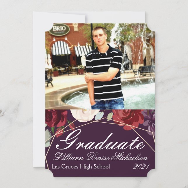 5x7 Senior Announcement Plum Purple Roses Gold Geo (Front)