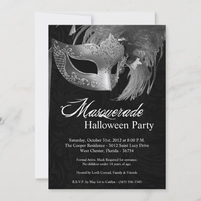 5x7 Silver Masquerade Halloween Invitation (Front)