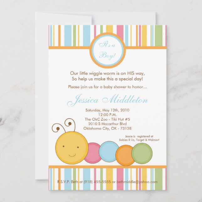 5x7 Spring Caterpillar Worm Baby Shower Invitation (Front)
