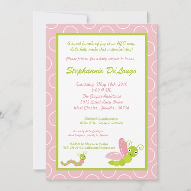 5x7 Spring Insects Bug Worm Baby Shower Invitation (Front)
