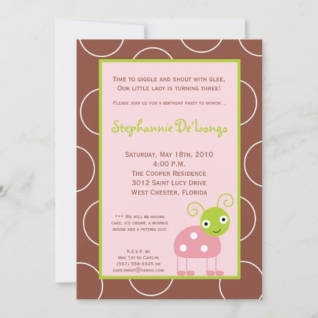 5x7 Spring Pink Lady Bug Birthday Party Invitation (Front)