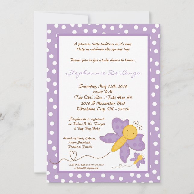 5x7 Spring Purple Butterfly Baby Shower Invitation (Front)