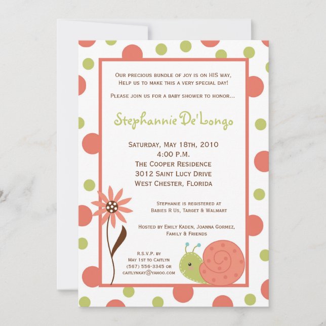 5x7 Spring Snail Bug Flower Baby Shower Invitation (Front)