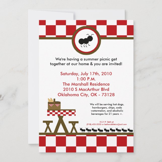5x7 Summer Time Picnic Barbecue Invitation (Front)