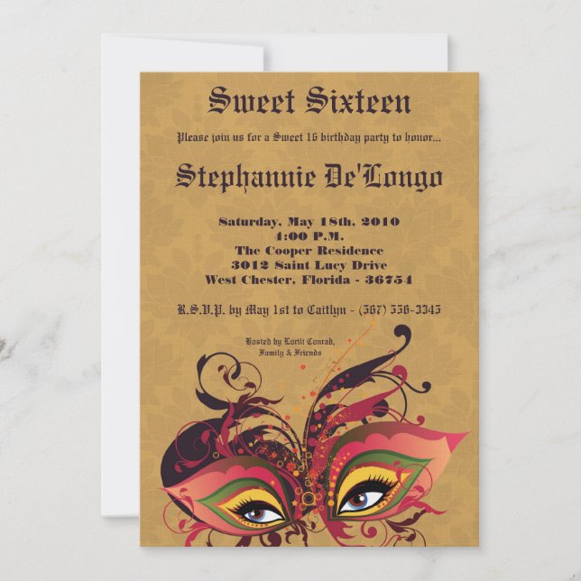5x7 Tan Masquerade Sweet 16 Birthday Invitation (Front)