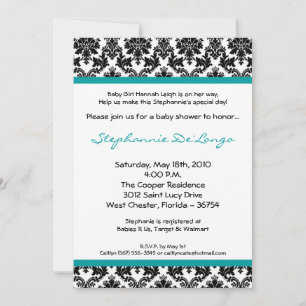 5x7 Teal Black Damask Baby Shower Invitation
