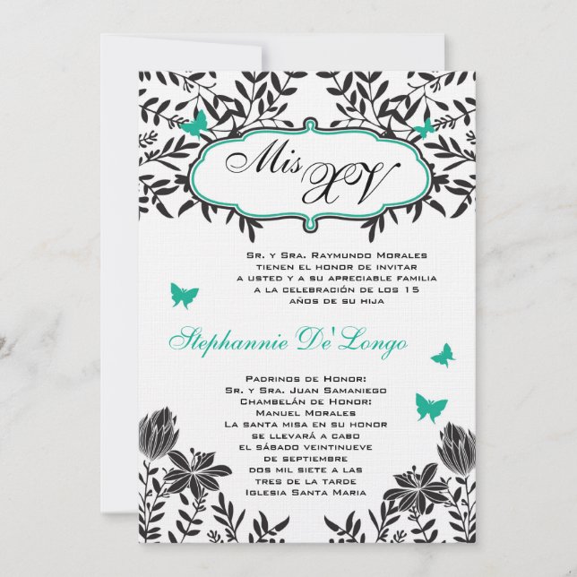 5x7 Teal Butterfly Quinceanera Birthday Invitation (Front)