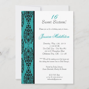 5x7 Teal Damask Lace Birthday Party Invitation