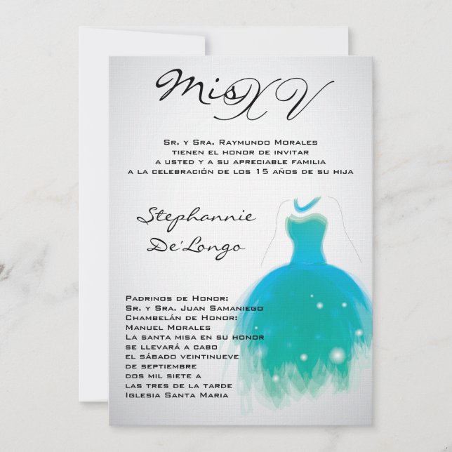 5x7 Teal Dress Quinceanera Birthday Invitation (Front)