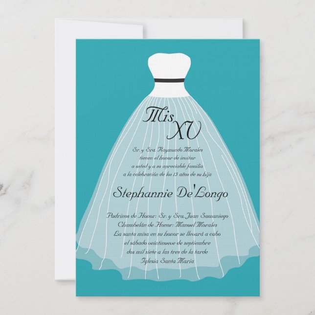 5x7 Teal Dress Quinceanera Birthday Invitation (Front)