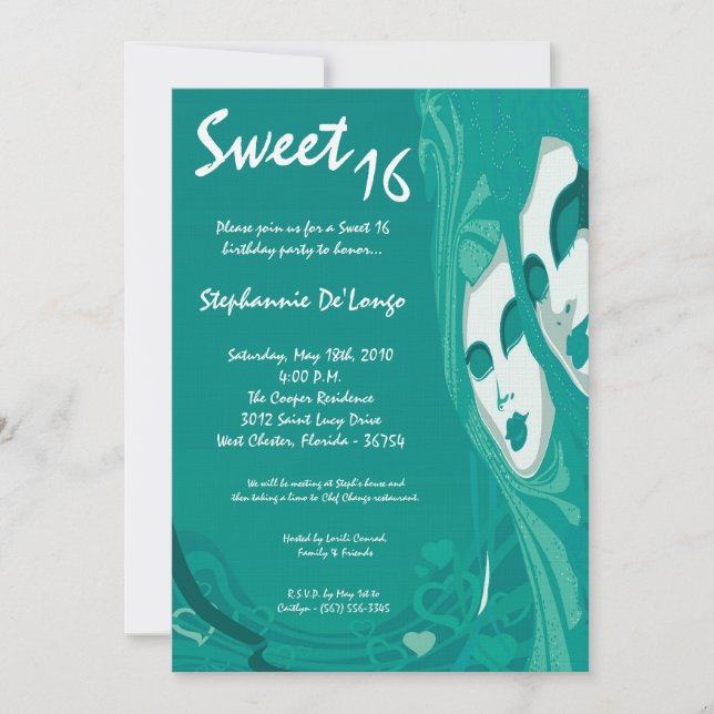 5x7 Teal Masquerade Sweet 16 Birthday Invitation (Front)