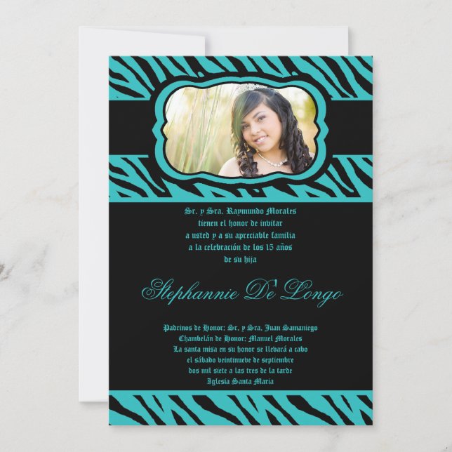 5x7 Teal Zebra Print Quinceanera Invitation (Front)
