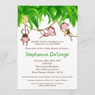 5x7 TRIPLETS Monkey Jungle Baby Shower Invitation