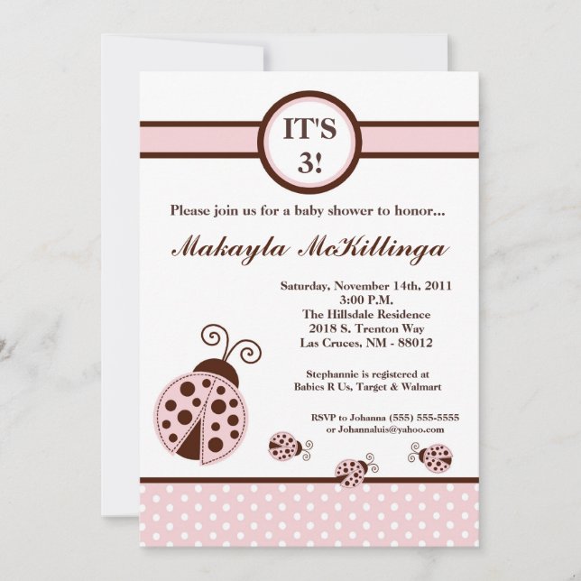 5x7 TRIPLETS Pink Lady Bug Baby Shower Invitation (Front)