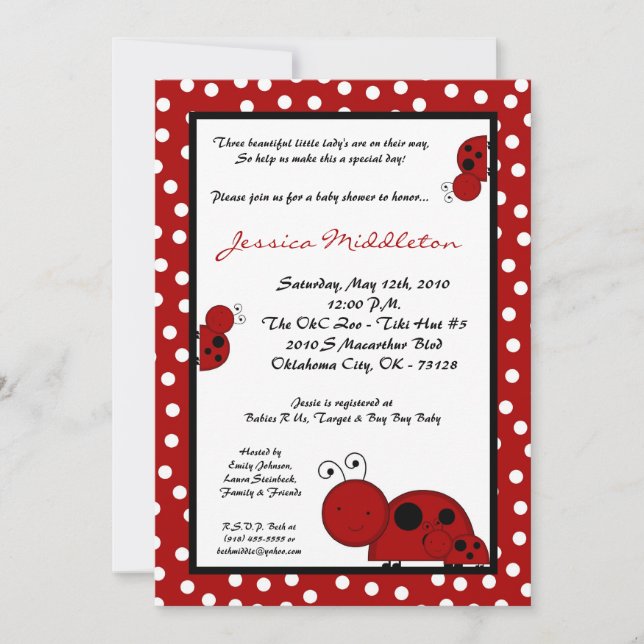 5x7 TRIPLETS Red Lady Bug Baby Shower Invitation (Front)