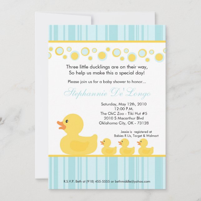5x7 TRIPLETS Rubber Duck Baby Shower Invitation (Front)