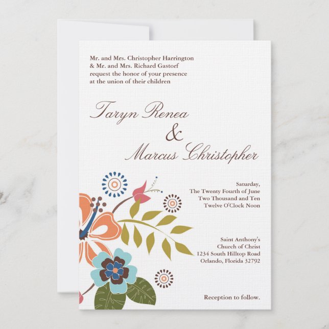 5x7 Tropical Luau Flower Linen Wedding Invitation (Front)