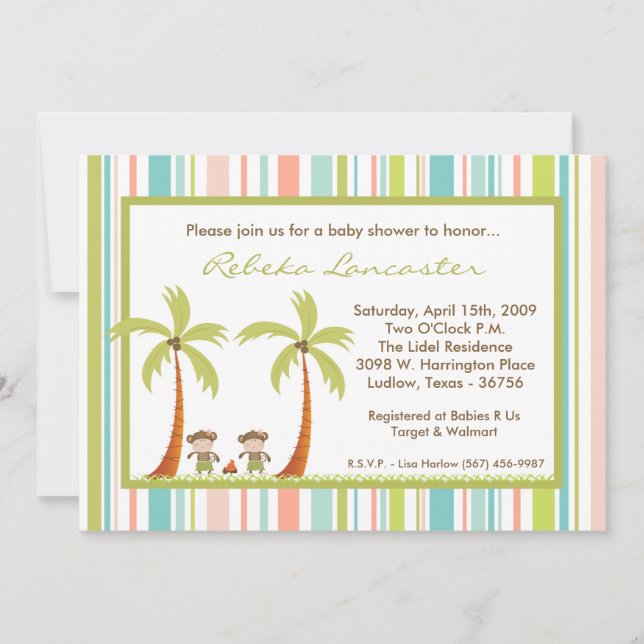 5x7 Twin Luau Hawaii Monkey Baby Shower Invitation (Front)