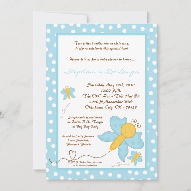 5x7 TWINS Blue Butterfly Baby Shower Invitation (Front)