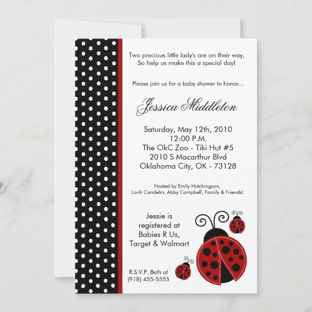 5x7 TWINS Lady Bug PolkaDot Baby Shower Invitation (Front)